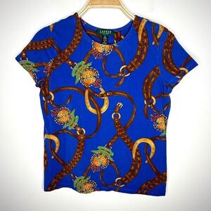 Lauren Ralph‎ Lauren Women Sz PM Bit Bridle Print T Shirt Top Equestrian Preppy